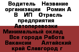 Водитель › Название организации ­ Ромин А.В., ИП › Отрасль предприятия ­ Автоперевозки › Минимальный оклад ­ 1 - Все города Работа » Вакансии   . Алтайский край,Славгород г.